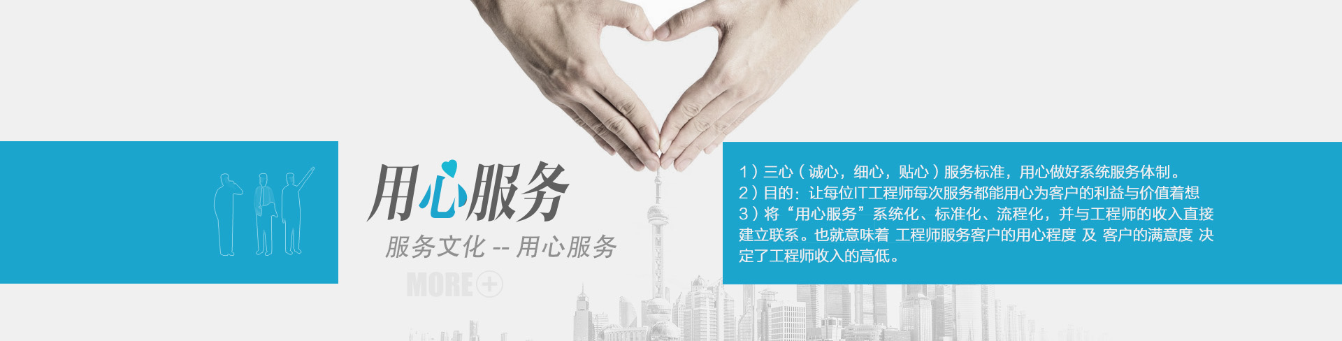 云爍快服的服務文化——用心服務。1）三心（誠心，細心，貼心）服務標準，用心做好系統服務體制。2）目的：讓每位IT工程師每次服務都能用心為客戶的利益與價值著想。3）將“用心服務”系統化、標準化、流程化，并與工程師的收入直接建立聯系。也就意味著工程師服務客戶的用心程度及客戶的滿意度決定了工程師收入的高低。