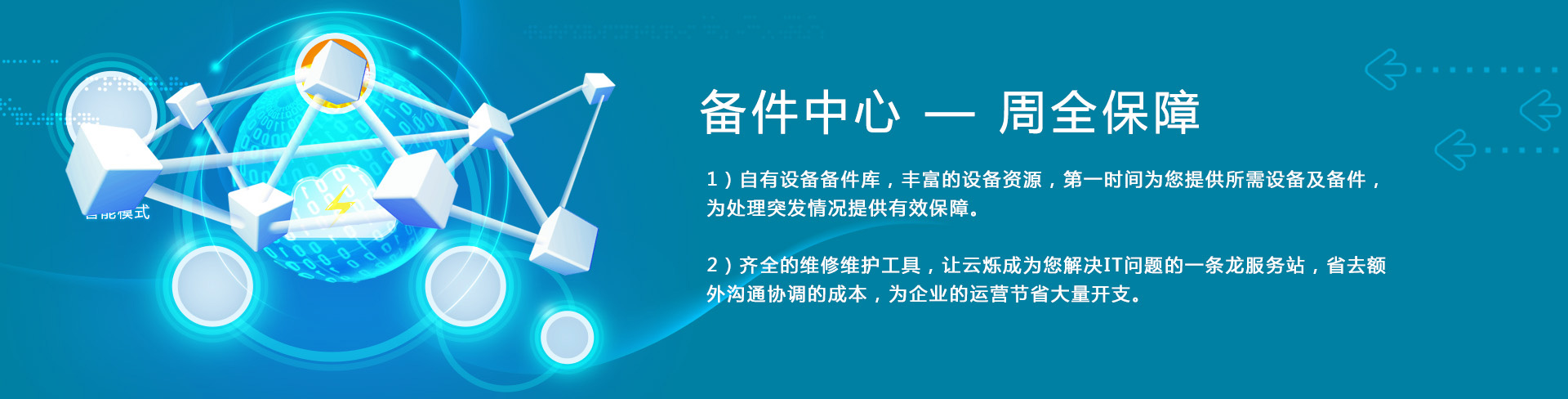 云爍快服的備件中心——周全保障。1）自有設備備件庫，豐富的設備資源，第一時間為您提供所需設備及備件，為處理突發情況提供有效保障。2）齊全的維修維護工具，讓云爍成為您解決IT問題的一條龍服務站，省去額外溝通協調的成本，為企業的運營節省大量開支。